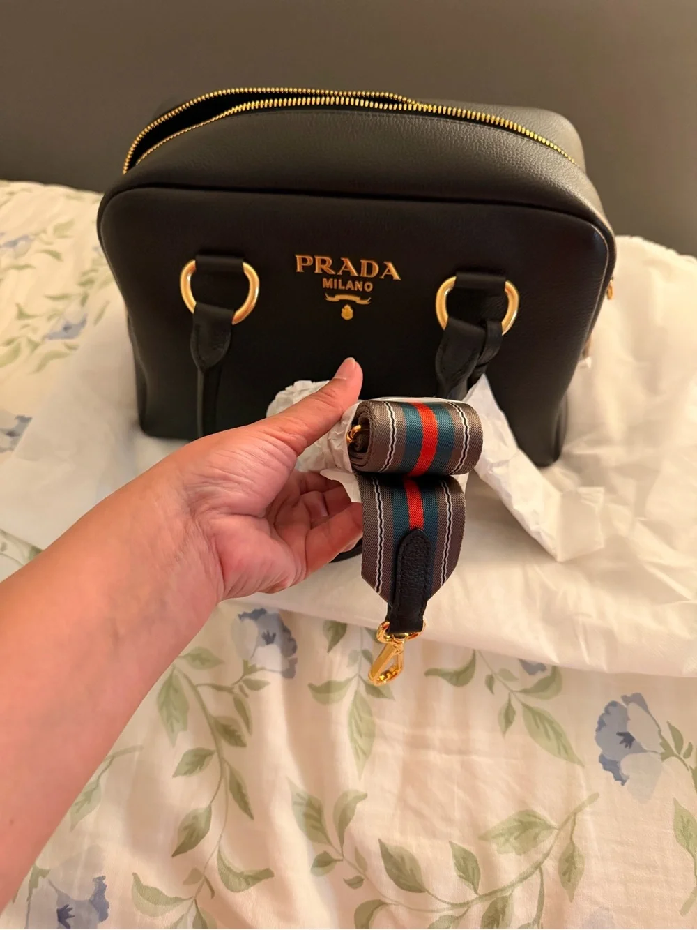 Prada Black Saffiano Leather Handbag with Striped Removable Strap-Brand new